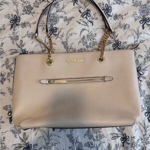 Michael Kors Pebbled Leather Shoulder Bag - Light Beige with Gold Hardware